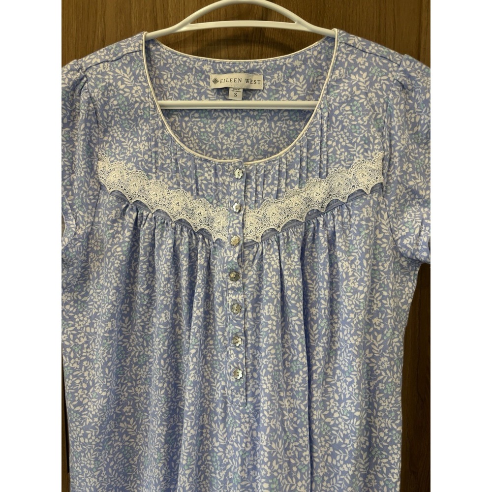 Eileen West Floral Waltz Nightgown Lace Trim Short Sleeve Size S Blue White - Picture 5 of 7
